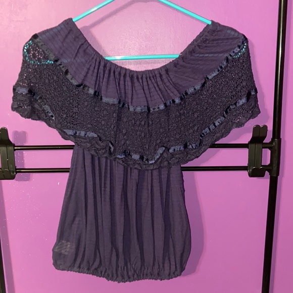 Free People Size Small Purple Crochet Detail Elastic Waist Top - Picture 3 of 4